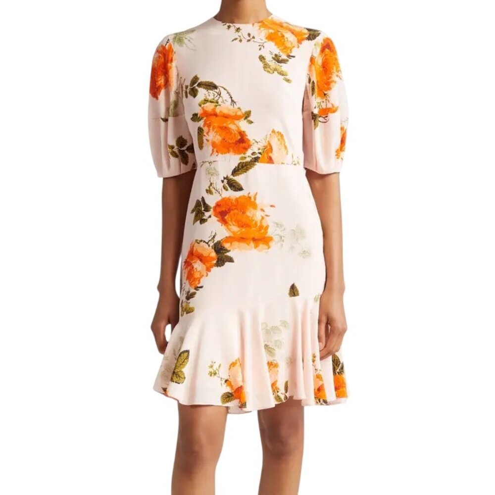 Erdem Floral Print Asymmetric Ruffle Silk Minidress